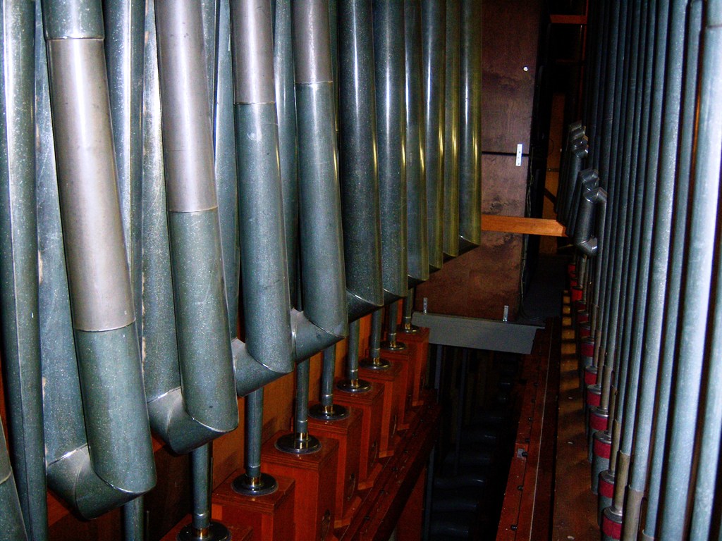 Row of large 32-foot reed pipe resonators in the pedal division