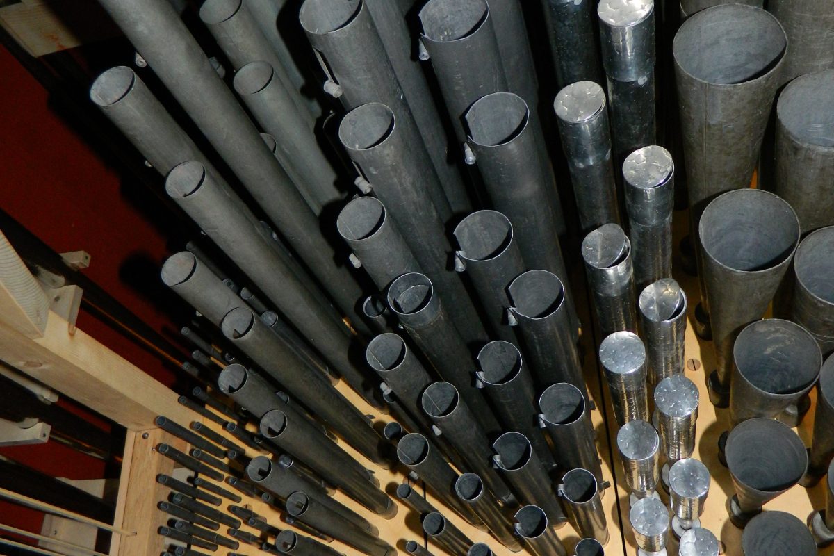 Fanned interior pipework of a principal chorus seen from above, new organ