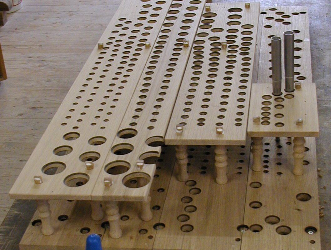 A pre-assembled pipe toe-board (Pfeifenstock) drilled for mechanical action rebuild