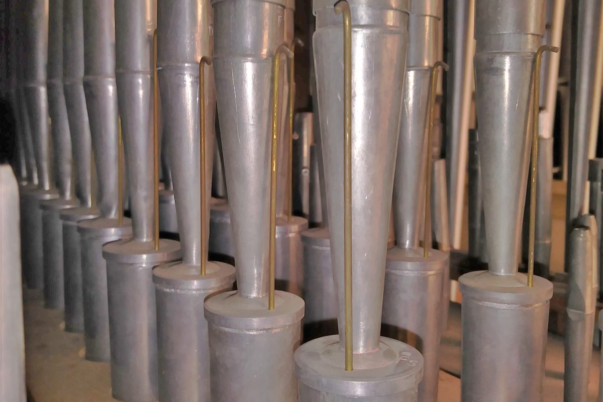 Close view of a Dulzean 16-foot reed pipe rank, tuning and voicing detail